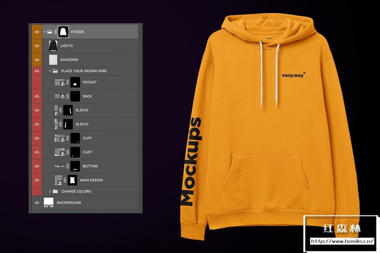 【PS样机】前视图 – 秋冬卫衣连帽衫智能贴图模型PS样机（不含Heather 纹理）Hooded Sweatshirt PSD Mockup-红森林